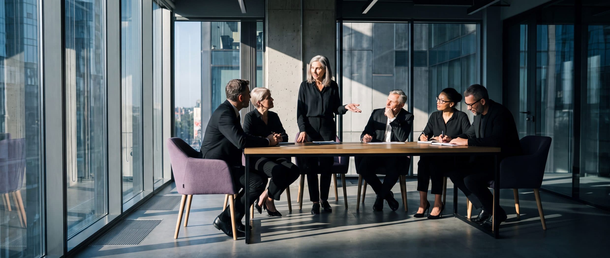 A senior leadership team mid-discussion around a boardroom table in late afternoon light